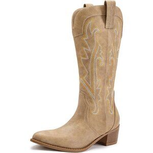 Athlefit Cowboy Boots Women Tan Polyurethane (PU) Fashion Pointed Chunky Boots